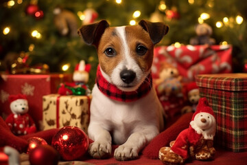 Jack Russell Terrier dog surrounded by Christmas gifts against the backdrop of holiday decorations