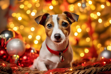 Jack Russell Terrier dog surrounded by Christmas gifts against the backdrop of holiday decorations