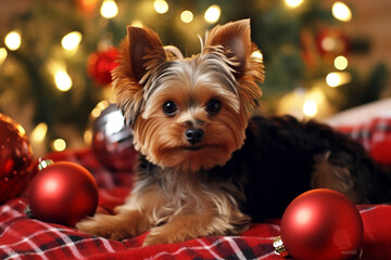 Yorkshire Terrier surrounded by Christmas gifts against the backdrop of holiday decorations