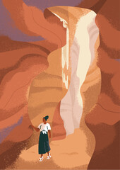 Person exploring canyon cave. Landscape card. Woman traveler walking, enjoying nature, secluded serene place of power. Adventure, travel, journey in harmony and peace. Flat vector illustration