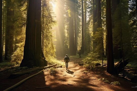 Man walking in the redwood forest at sunrise, California, USA with AI-Generated Images
