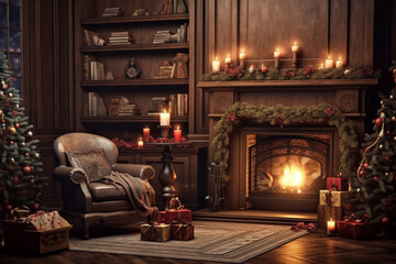Fototapeta premium christmas evening, interior of decorated room and fireplace for the holiday
