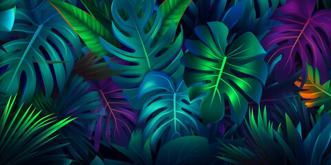 Naklejka na ściany i meble Hintergrund Neon tropische Blätter KI