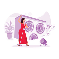 The female solo singer wearing a beautiful dress sings confidently on stage. Trend Modern vector flat illustration.