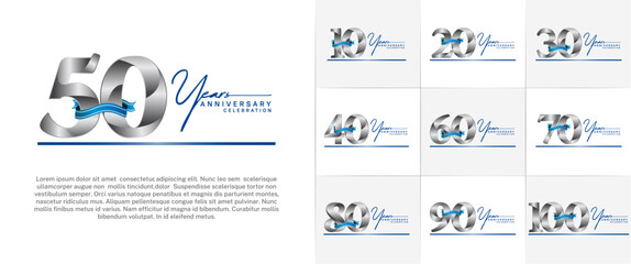 set of anniversary logo with silver number and blue ribbon, handwriting text can be use for celebration