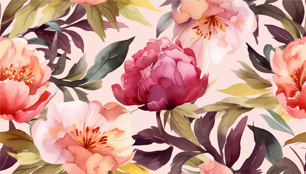 Garden flowers Peonies watercolor seamless pattern. Beautiful hand drawn texture. Romantic background