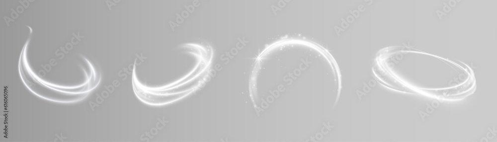 Poster Light white swirl. Curve white line light effect. Glowing white circle. Dynamic white lines with glow effect. Rotating shiny half rings. Abstract sparkling swirl, wave.