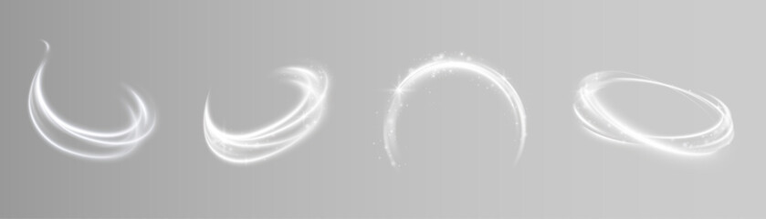 Light white swirl. Curve white line light effect. Glowing white circle. Dynamic white lines with glow effect. Rotating shiny half rings. Abstract sparkling swirl, wave.
