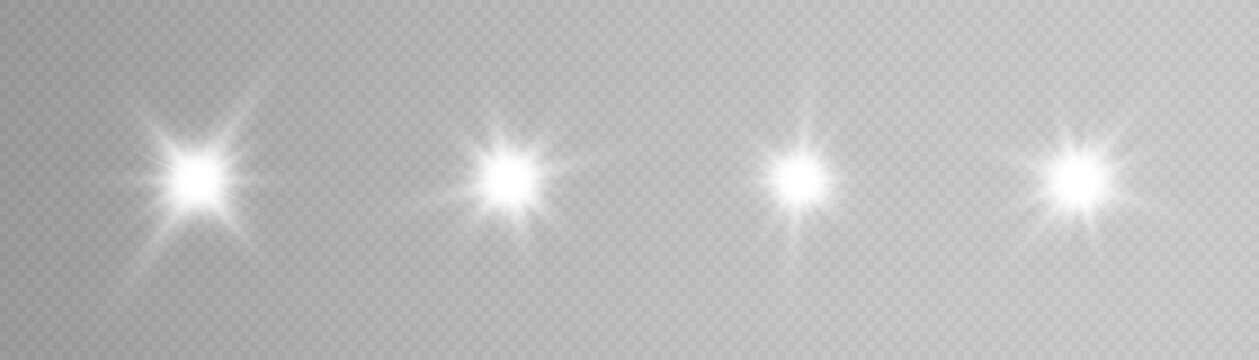The effect of bright sunlight. Twinkling bright star on a transparent background. Bright light effect.