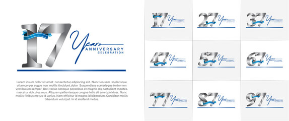 set of anniversary logo with silver number and blue ribbon, handwriting text can be use for celebration