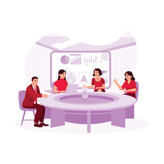 Business people conference conducted positively in the boardroom, discussing the growth of company diagrams and statistics. Trend Modern vector flat illustration.