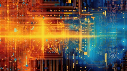 Orange and blue technology background circuit board and code, blue technology background