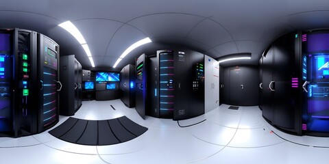 Full 360 degrees seamless spherical panorama HDRI equirectangular projection of a server data room center. Texture environment map for lighting and reflection source rendering 3d scenes.