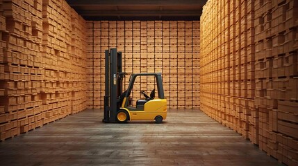 A forklift loads a pallet with boxes onto a shelf. Created with Generative Ai technology.