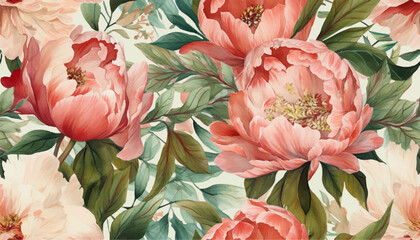 Delicate floral watercolor pattern for textiles and backgrounds, watercolor peonies flowers and green leaves, soft colors, boho style on a light background, floristic vintage © Eli Berr