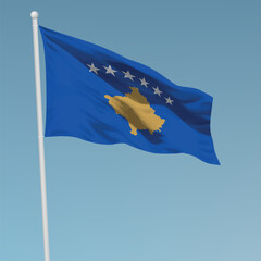 Waving flag of Kosovo on flagpole. Template for independence