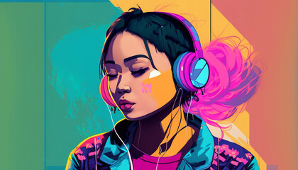 A girl listening to lofi hip hop music with headphones, colorful, generative ai