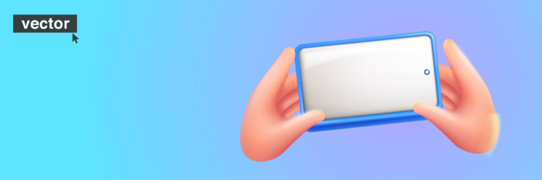 Hand holding smartphone or tablet. Realistic 3D render design. Vector art in fun cartoon plastic style. Social Media illustration with white screen for your design. Perfect for online shopping banner.