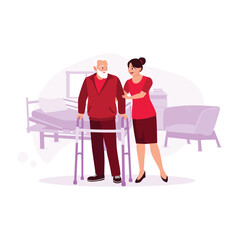 Portrait of a female nurse helping an elderly male patient in the nursing home using walker crutches. Trend Modern vector flat illustration.