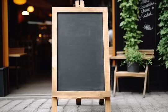 Restaurant menu mockup. Empty blackboard on wooden stand