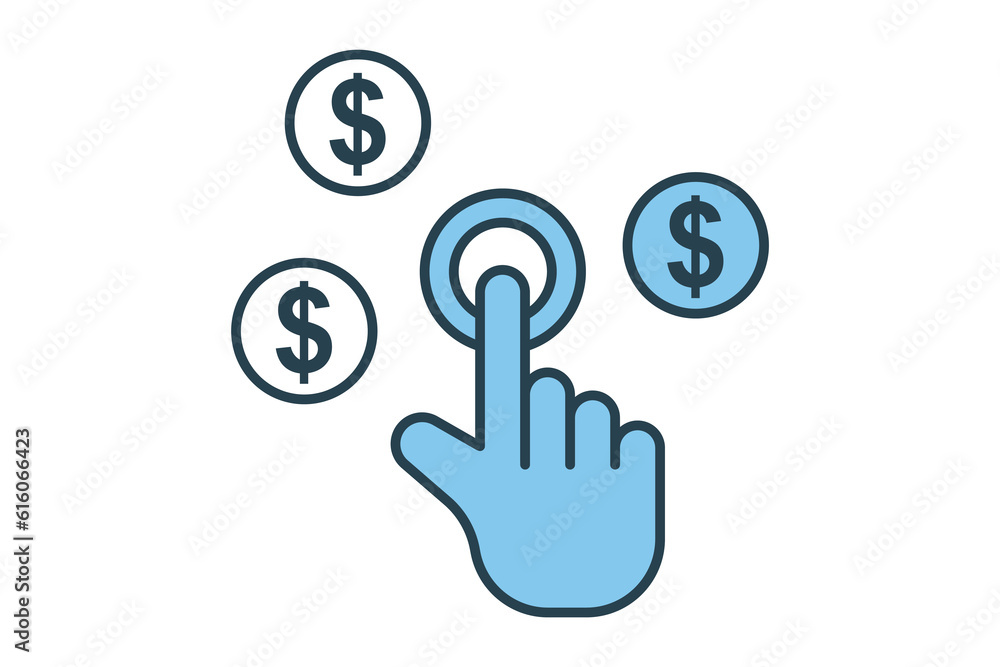 Poster pay per click icon. hand touch with dollar, click money seo. flat line icon style design. simple vec