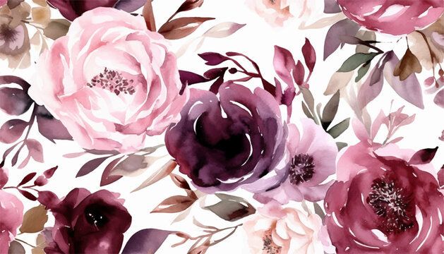 Garden flowers burgundy Peonies watercolor seamless pattern. Beautiful hand drawn texture. Romantic background