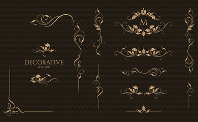 Collection of leafy borders with calligraphic elements. Classic ornament. Graphic design pages.