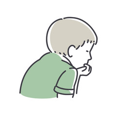 Little boy study learning reading book looking for inspiration. Cartoon kid looking down. Simple style outline flat vector illustrations on white background. Perfect for cute web, school marketing.