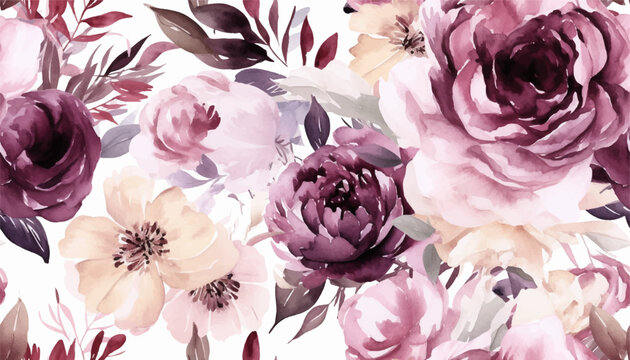 Garden flowers burgundy Peonies watercolor seamless pattern. Beautiful hand drawn texture. Romantic background