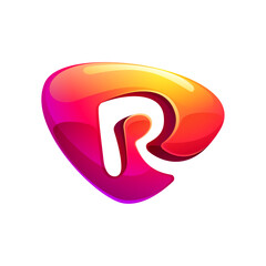 Initial letter R logo cut out of triangle sphere shape. Multicolor metallic arrow icon template. Abstract vector design element. Perfect for play button, fintech identity, sport emblem, delivery app.