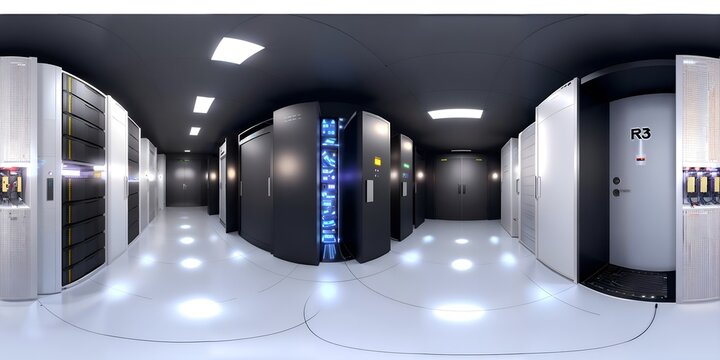 Full 360 degrees seamless spherical panorama HDRI equirectangular projection of a server data room center. Texture environment map for lighting and reflection source rendering 3d scenes.