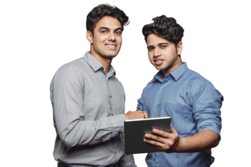 PNG of Two Business Businessman Partners Partnership Profit Deal Collaboration. Employer, boss hiring candidate after successful job interview isloated on a transparent PNG background