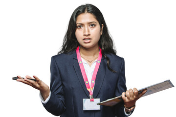 Confused HR Manager air hostess in Suit with Transparent Background with her hands spread sideways...