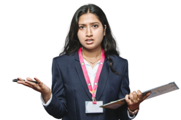 PNG of Confused Girl HR Manager air hostess in Suit with Transparent Background with her hands spread sideways isolated on a transparent PNG background.