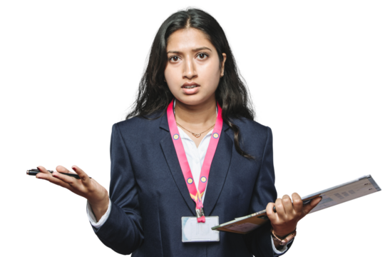 PNG of Confused Girl HR Manager air hostess in Suit with Transparent Background with her hands spread sideways isolated on a transparent PNG background.