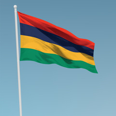 Waving flag of Mauritius on flagpole. Template for independence day