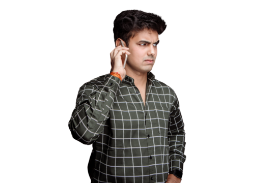 PNG of Fruad call or Angry Businessman or Customer on Phone Call grabs attention with his strange and peculiar facial expressions while talking on the phone Isolated on a PNG background..