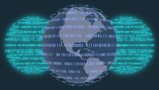 Filmato. Illustrazione 3D. Sfondo mondo digitale. Sequenza di zero e uno concetto di connessione globale tra persone, social network, e dispositivi informatici.