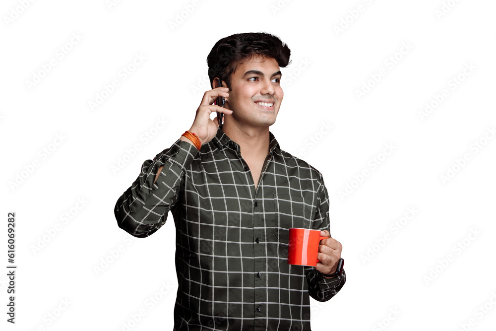 Wall mural Indian Man talking on cell phone during break time: Isolated on a PNG background.