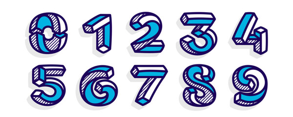Isometric numbers set. Vector impossible lines handwritten emblems. Hatching shadow style flat design. Cubic bright icons for geometry labels, engineering headlines, science posters, sale adv.