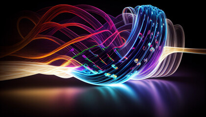 Datenübertragung mit Glasfaser für schnelles Internet glühende Wellen und Linien in neon Farben 5g Netz, Technologie Generative AI  - obrazy, fototapety, plakaty
