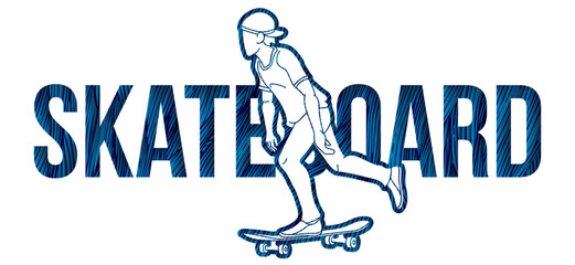 Skateboard Text Designed with Male Player Cartoon Extreme Sport Graphic Vector