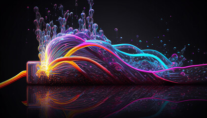 Glasfaser Netz 5g Datenübertragung Internet geschwungene Linien digital 3d leuchtend neon Farben, Generative AI 