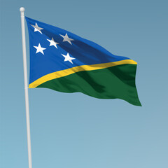 Waving flag of Solomon Islands on flagpole. Template for independence day