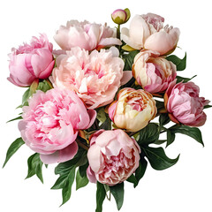 Lush, large bouquet of pink peonies with green leaves. Isolated on transparent background. KI.	
