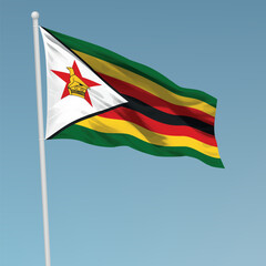 Waving flag of Zimbabwe on flagpole. Template for independence day