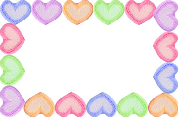 Romantic Frame of Pastel Colored Heart Shaped Marshmallow Candies on transparent backdrop, png file