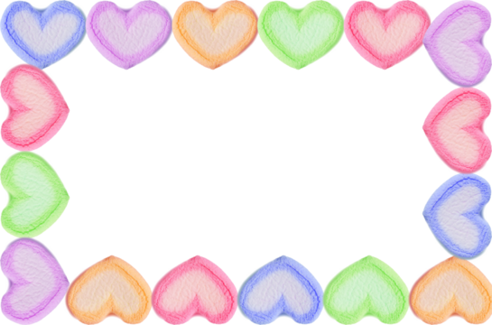 Romantic Frame of Pastel Colored Heart Shaped Marshmallow Candies on transparent backdrop, png file