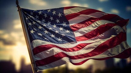 Naklejka premium United State of America flag is blowing with the twilight sky background, independence day celebration, Generative AI