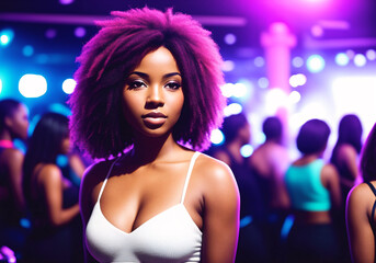 Beautiful african american girl at a nightclub party. A woman poses at a social event. Generative AI